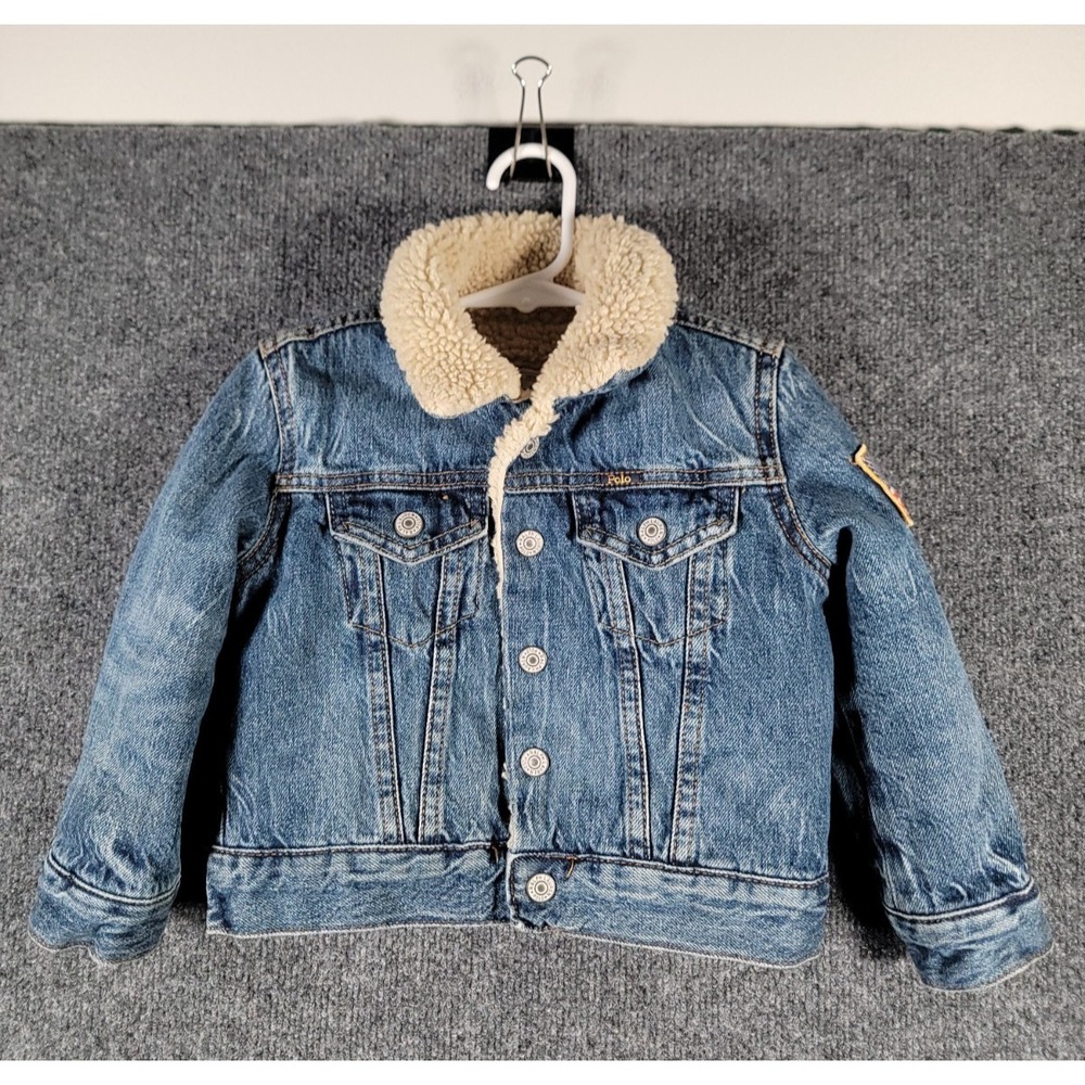 Polo Ralph Lauren Sherpa Lined Denim Jacket Size 2T Toddler USA Flag Trucker VTG